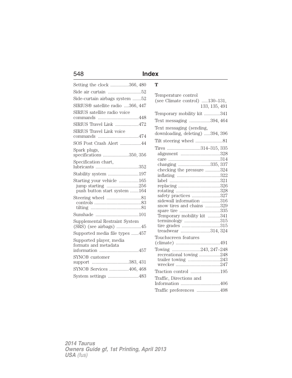 548 index | FORD 2014 Taurus v.1 User Manual | Page 549 / 550