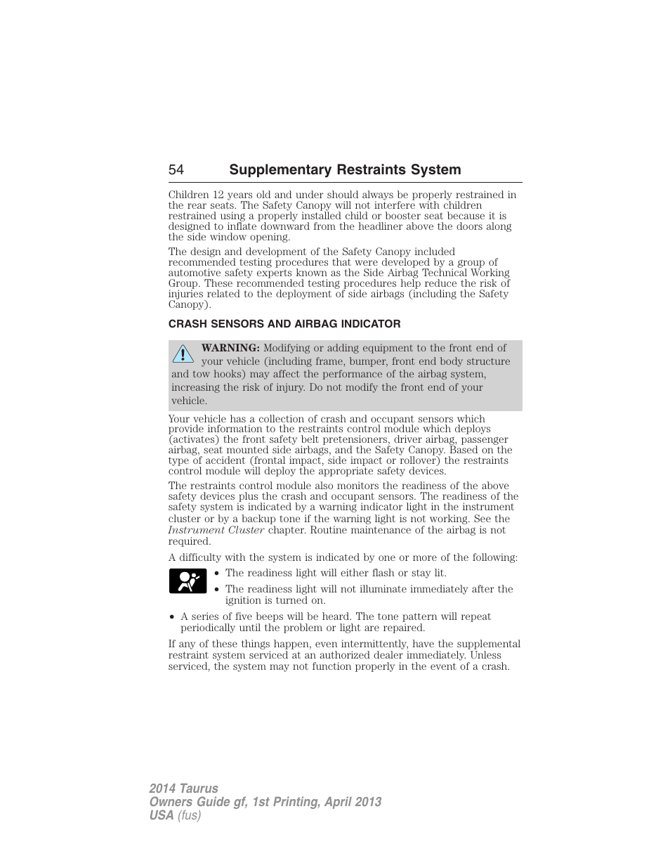 Crash sensors and airbag indicator, 54 supplementary restraints system | FORD 2014 Taurus v.1 User Manual | Page 55 / 550