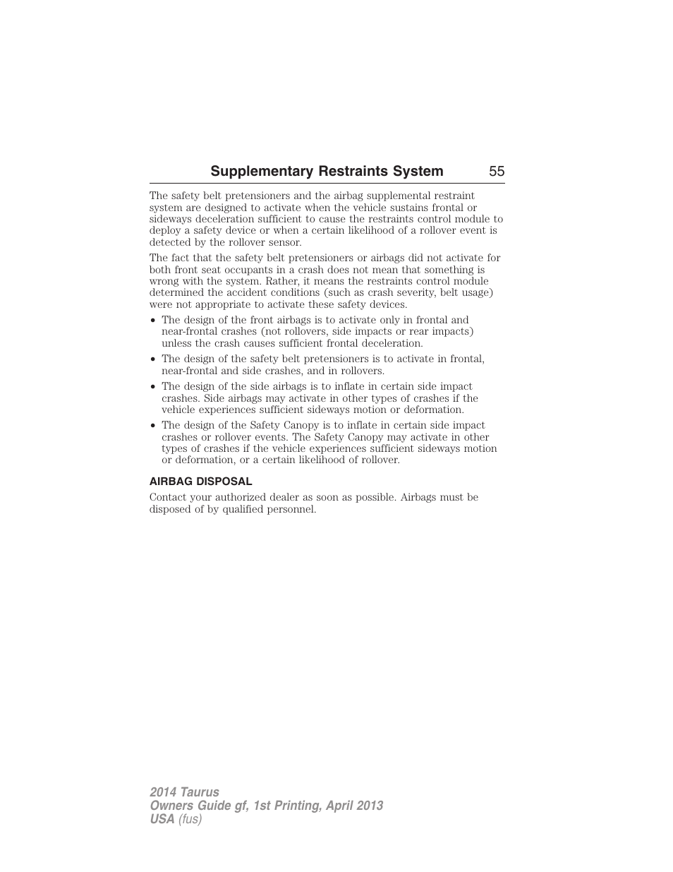 Airbag disposal, Supplementary restraints system 55 | FORD 2014 Taurus v.1 User Manual | Page 56 / 550