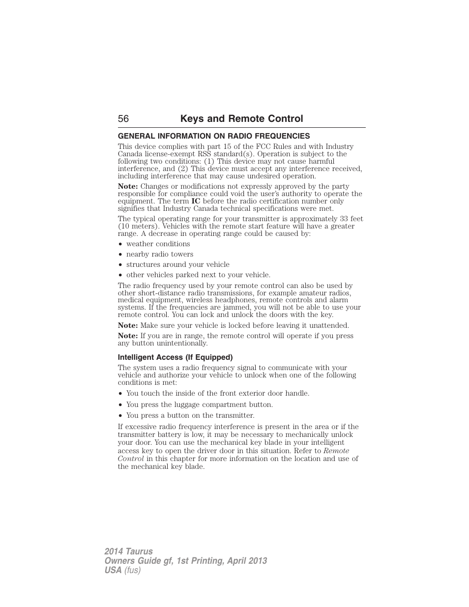 Keys and remote control, General information on radio frequencies, Intelligent access (if equipped) | 56 keys and remote control | FORD 2014 Taurus v.1 User Manual | Page 57 / 550