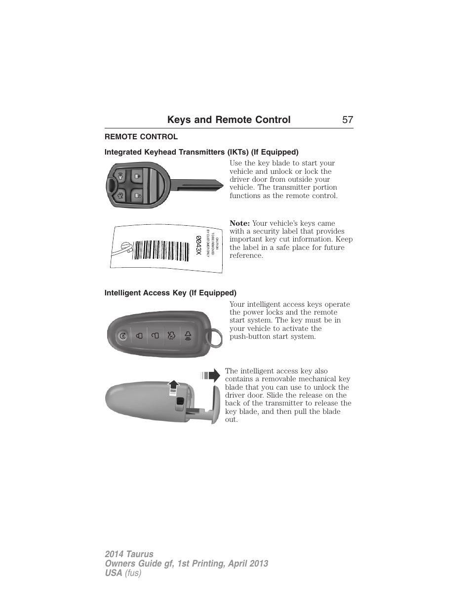 Remote control, Intelligent access key (if equipped), Keys | Keys and remote control 57 | FORD 2014 Taurus v.1 User Manual | Page 58 / 550
