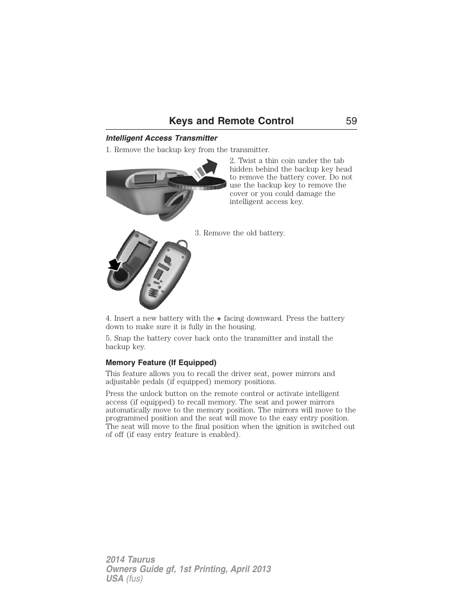 Intelligent access transmitter, Memory feature (if equipped), Keys and remote control 59 | FORD 2014 Taurus v.1 User Manual | Page 60 / 550