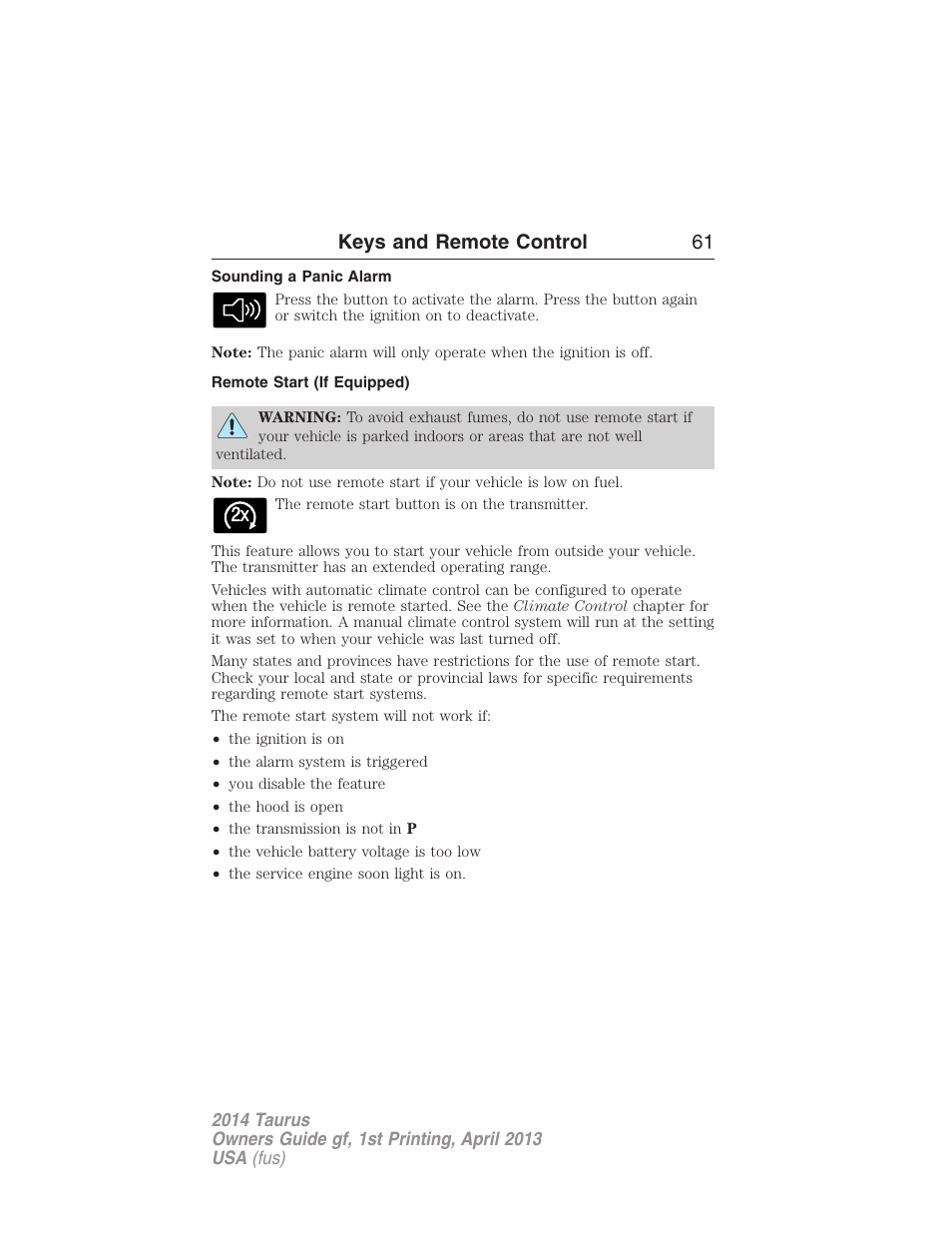 Sounding a panic alarm, Remote start (if equipped), Keys and remote control 61 | FORD 2014 Taurus v.1 User Manual | Page 62 / 550