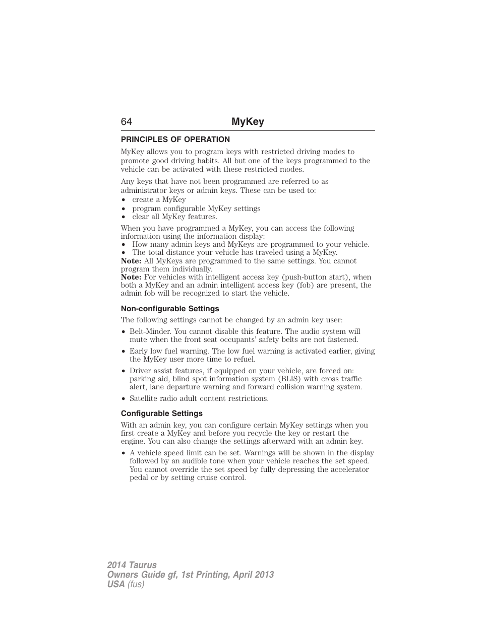 Mykey, Principles of operation, Non-configurable settings | Configurable settings, Settings, mykey, 64 mykey | FORD 2014 Taurus v.1 User Manual | Page 65 / 550