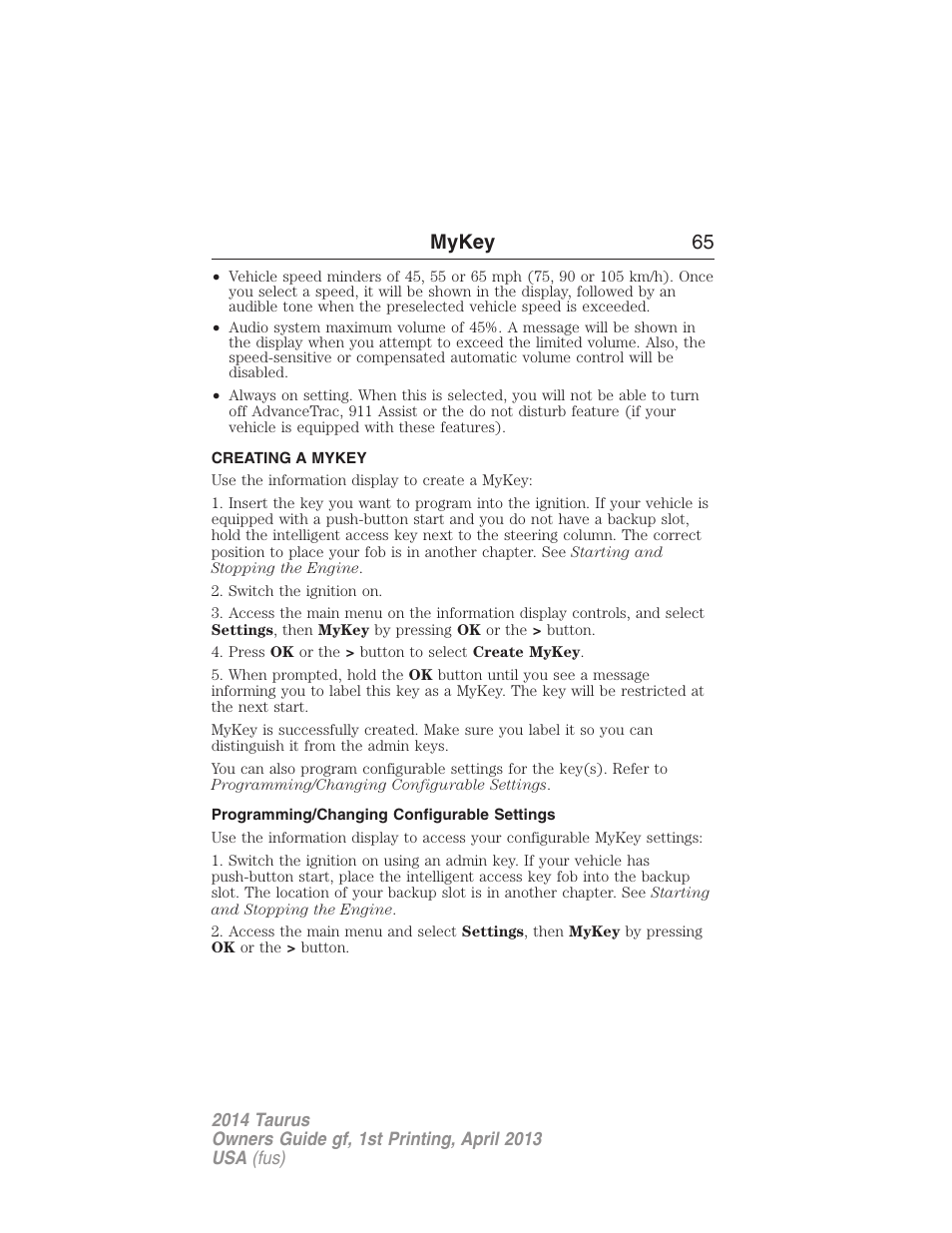 Creating a mykey, Programming/changing configurable settings, Creating | Mykey 65 | FORD 2014 Taurus v.1 User Manual | Page 66 / 550