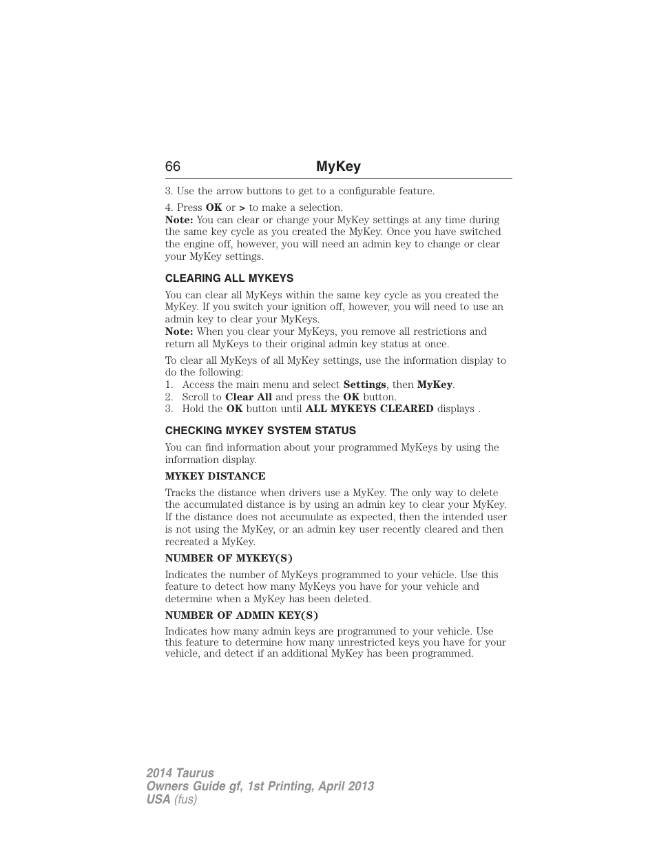 Clearing all mykeys, Checking mykey system status, Clearing | System status, 66 mykey | FORD 2014 Taurus v.1 User Manual | Page 67 / 550