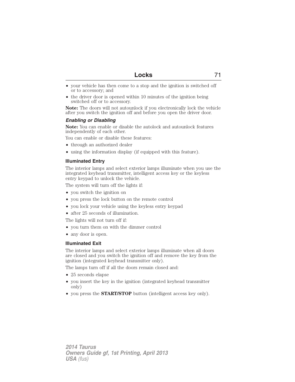 Enabling or disabling, Illuminated entry, Illuminated exit | Locks 71 | FORD 2014 Taurus v.1 User Manual | Page 72 / 550