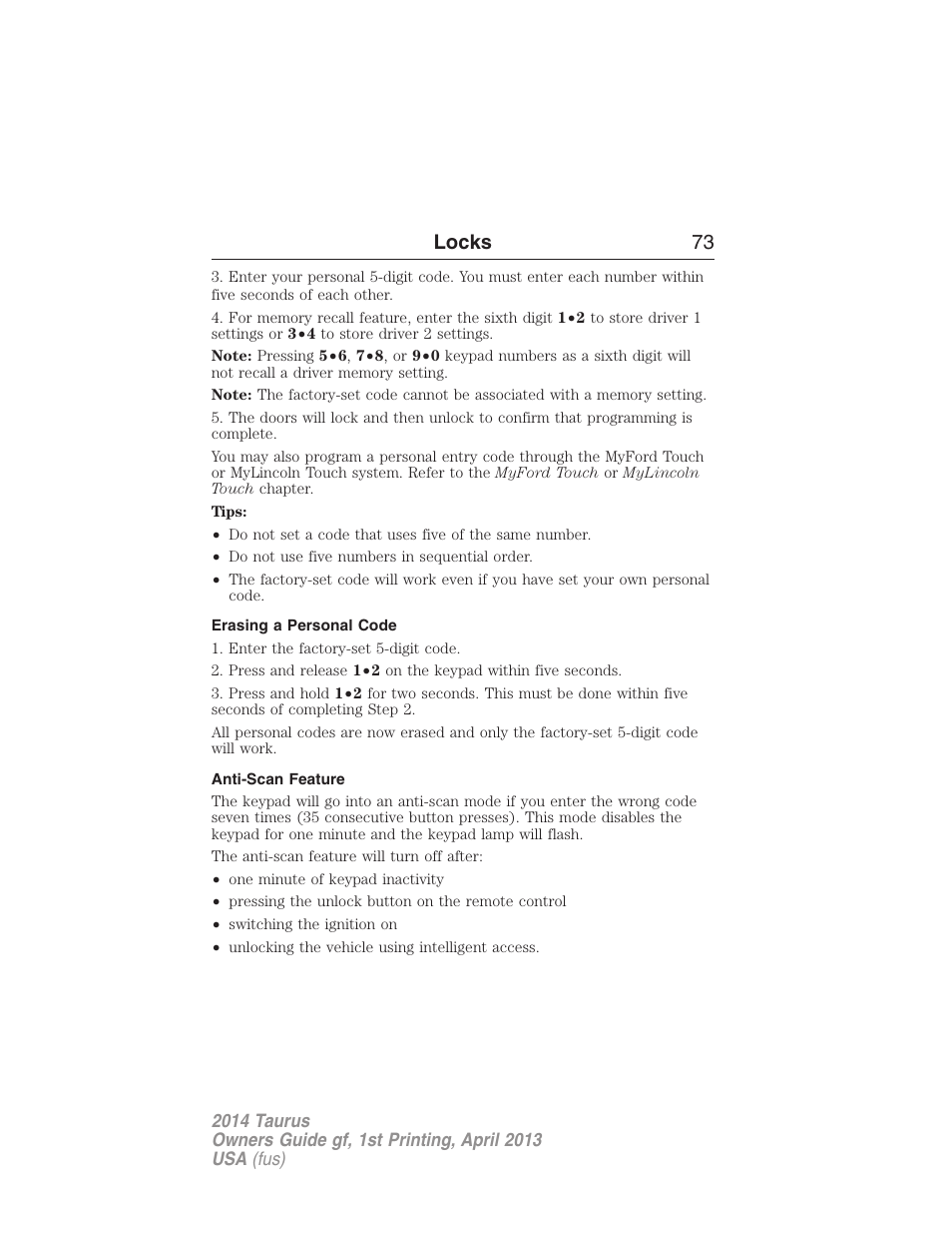 Erasing a personal code, Anti-scan feature, Locks 73 | FORD 2014 Taurus v.1 User Manual | Page 74 / 550