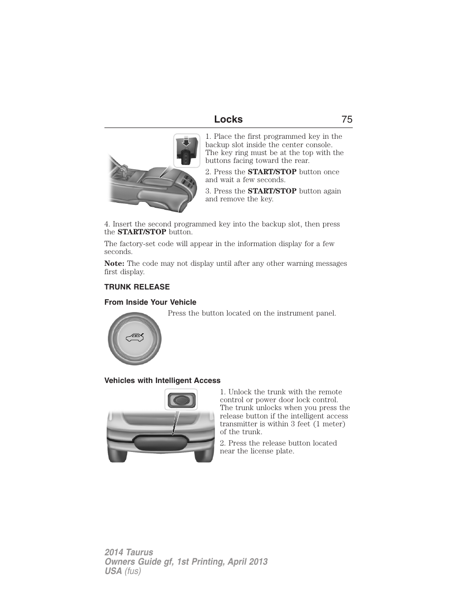 Trunk release, From inside your vehicle, Vehicles with intelligent access | Locks 75 | FORD 2014 Taurus v.1 User Manual | Page 76 / 550