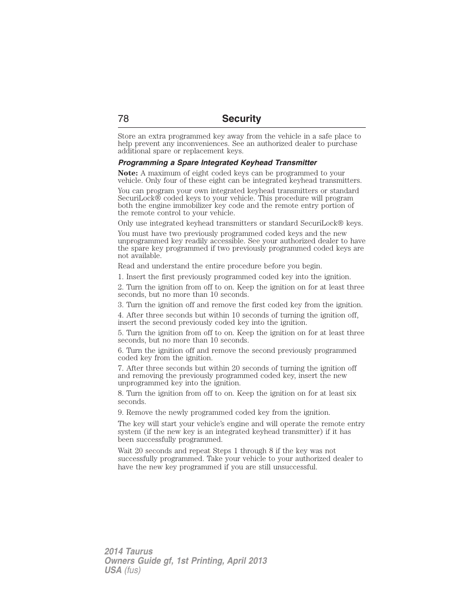 Programming a spare integrated keyhead transmitter, 78 security | FORD 2014 Taurus v.1 User Manual | Page 79 / 550