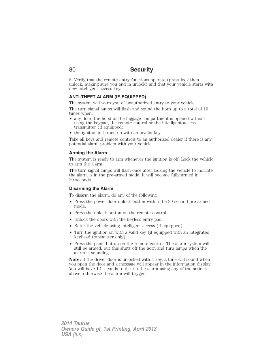 Anti-theft alarm (if equipped), Arming the alarm, Disarming the alarm | Anti-theft alarm, 80 security | FORD 2014 Taurus v.1 User Manual | Page 81 / 550