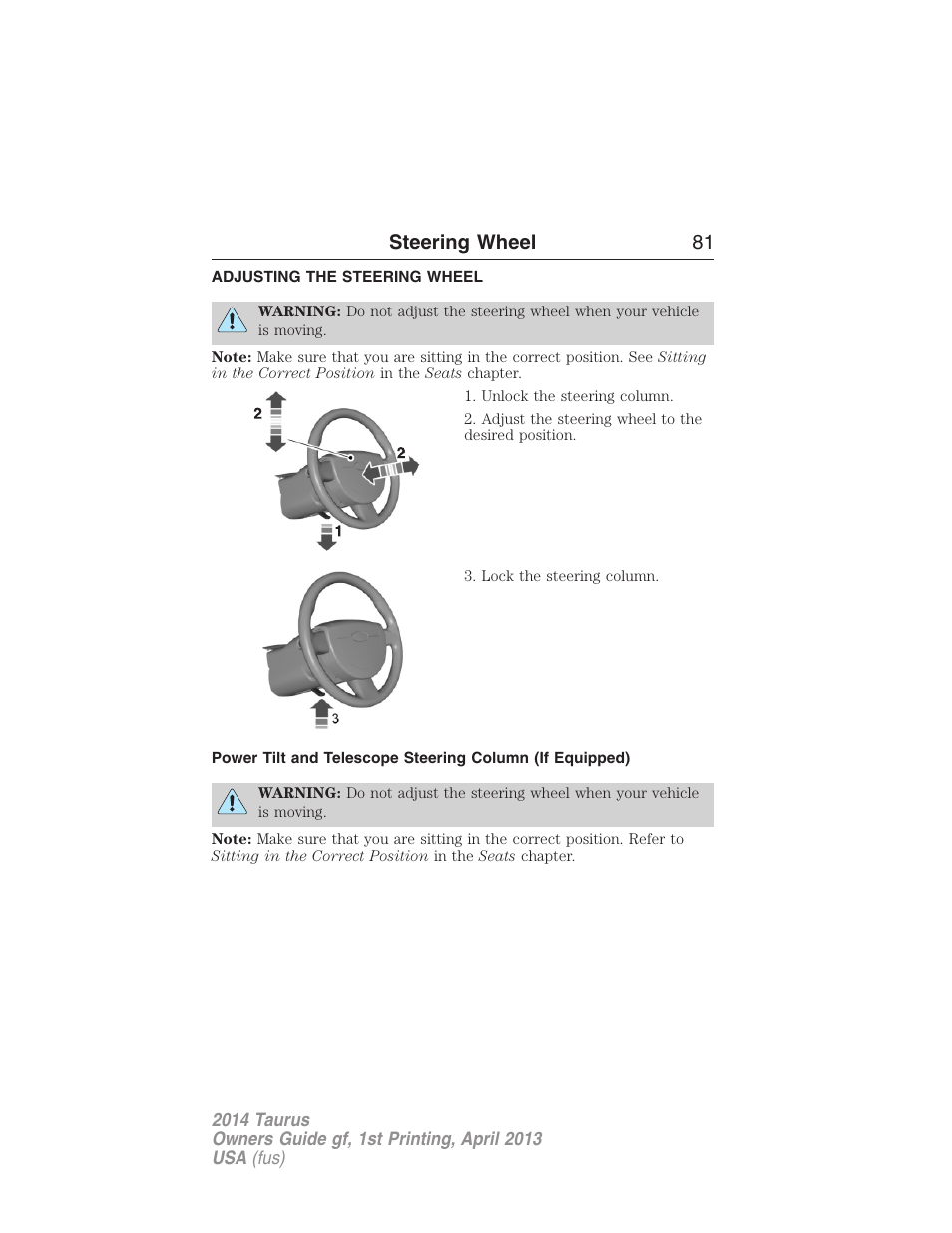 Steering wheel, Adjusting the steering wheel, Steering wheel 81 | FORD 2014 Taurus v.1 User Manual | Page 82 / 550
