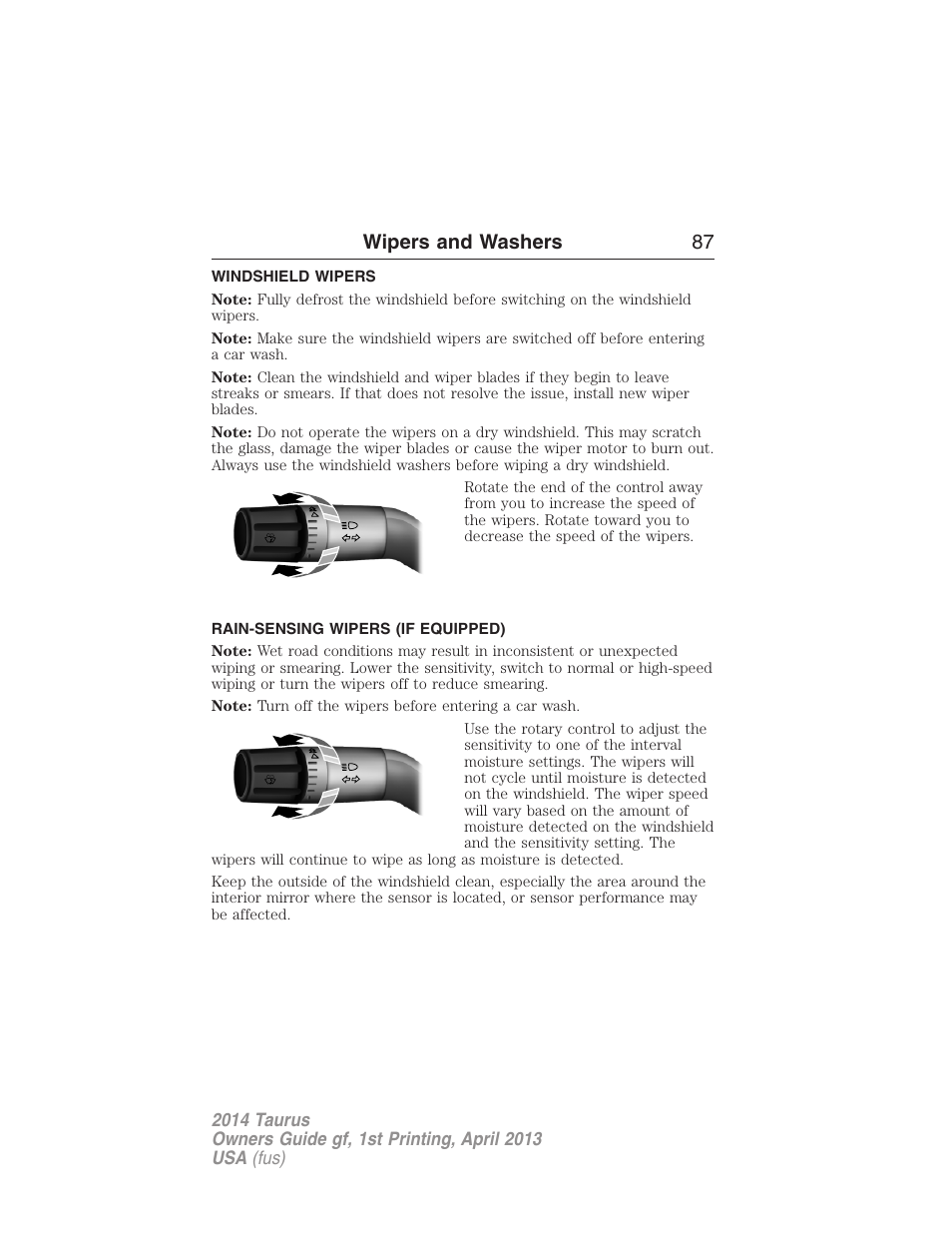 Wipers and washers, Windshield wipers, Rain-sensing wipers (if equipped) | Rain-sensing wipers, Wipers and washers 87 | FORD 2014 Taurus v.1 User Manual | Page 88 / 550