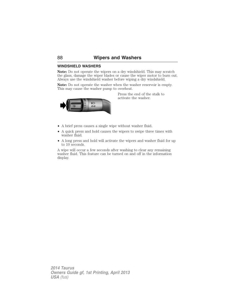 Windshield washers, 88 wipers and washers | FORD 2014 Taurus v.1 User Manual | Page 89 / 550