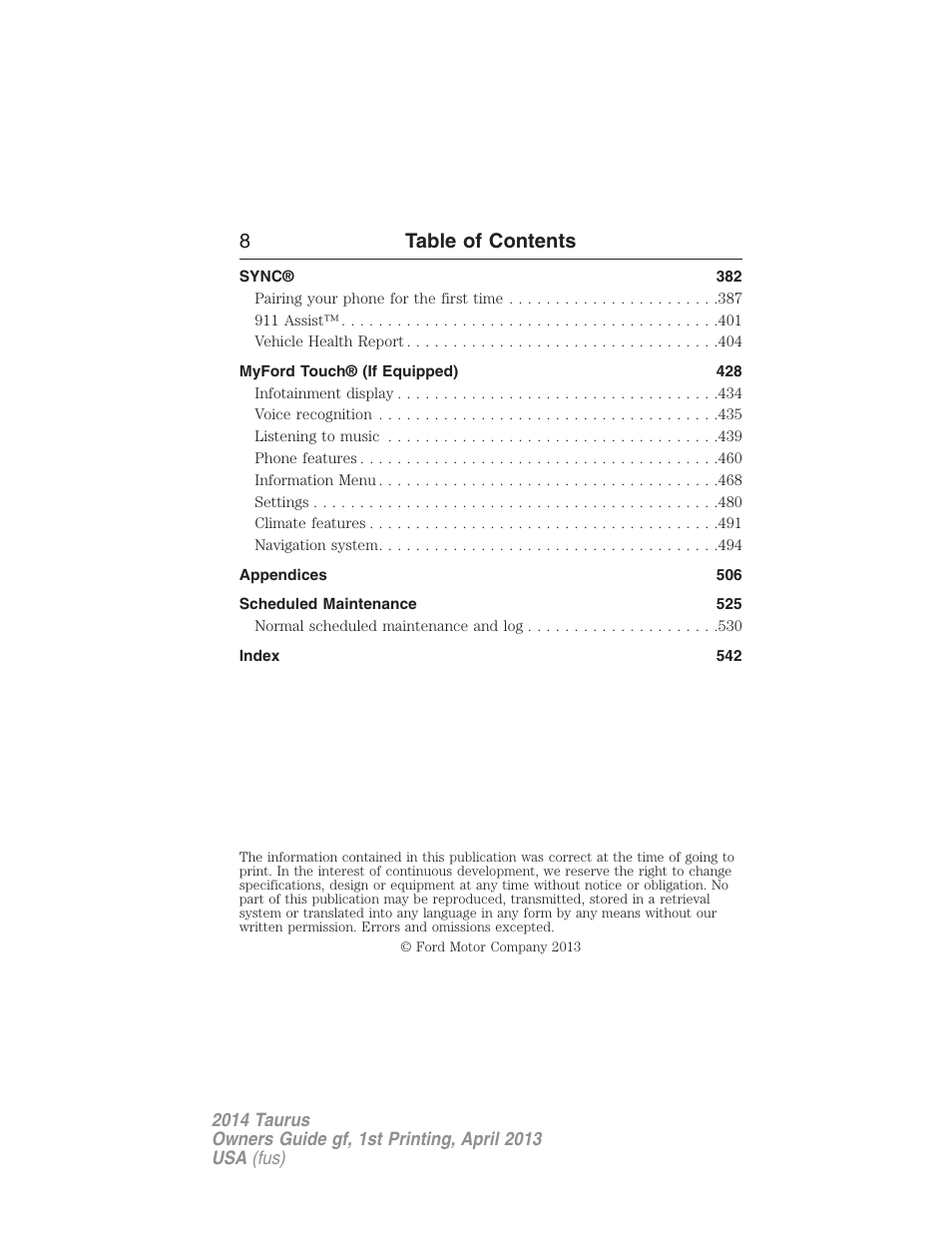 8table of contents | FORD 2014 Taurus v.1 User Manual | Page 9 / 550