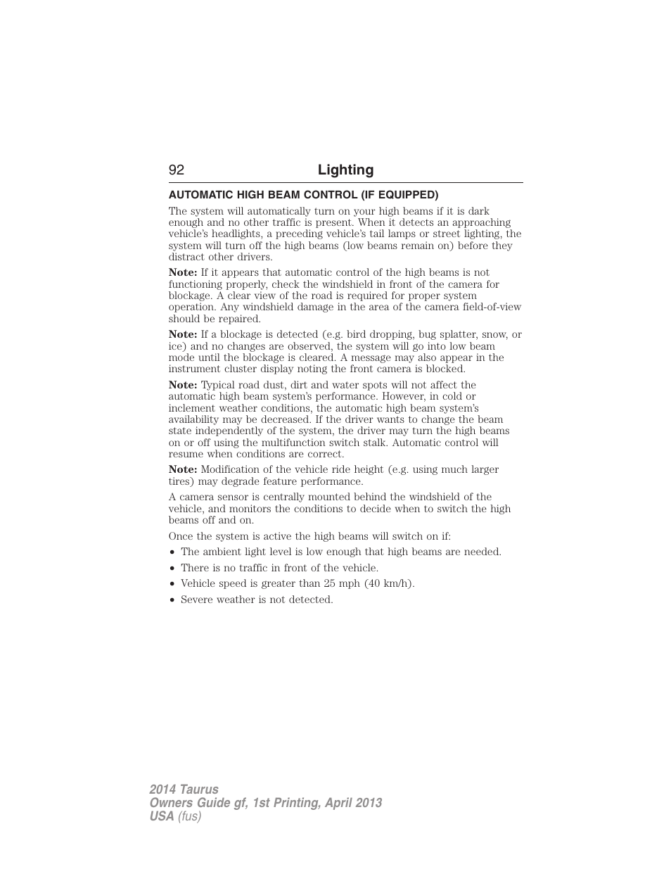 Automatic high beam control (if equipped), Automatic high beam control, 92 lighting | FORD 2014 Taurus v.1 User Manual | Page 93 / 550