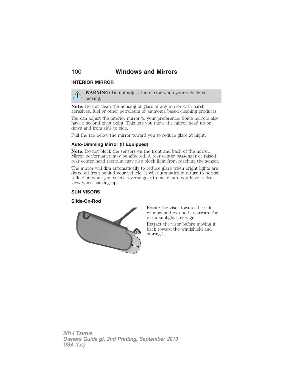 Interior mirror, Auto-dimming mirror (if equipped), Sun visors | Slide-on-rod, Interior mirrors, 100 windows and mirrors | FORD 2014 Taurus v.2 User Manual | Page 101 / 554