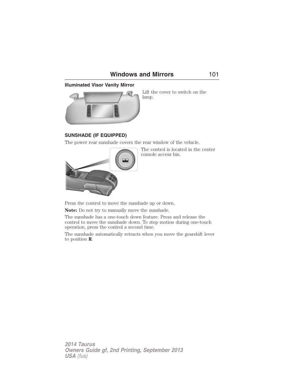Illuminated visor vanity mirror, Sunshade (if equipped), Sunshade | Windows and mirrors 101 | FORD 2014 Taurus v.2 User Manual | Page 102 / 554