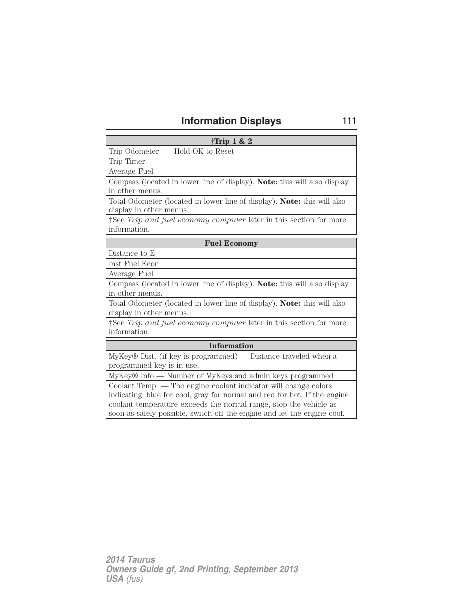 Information displays 111 | FORD 2014 Taurus v.2 User Manual | Page 112 / 554