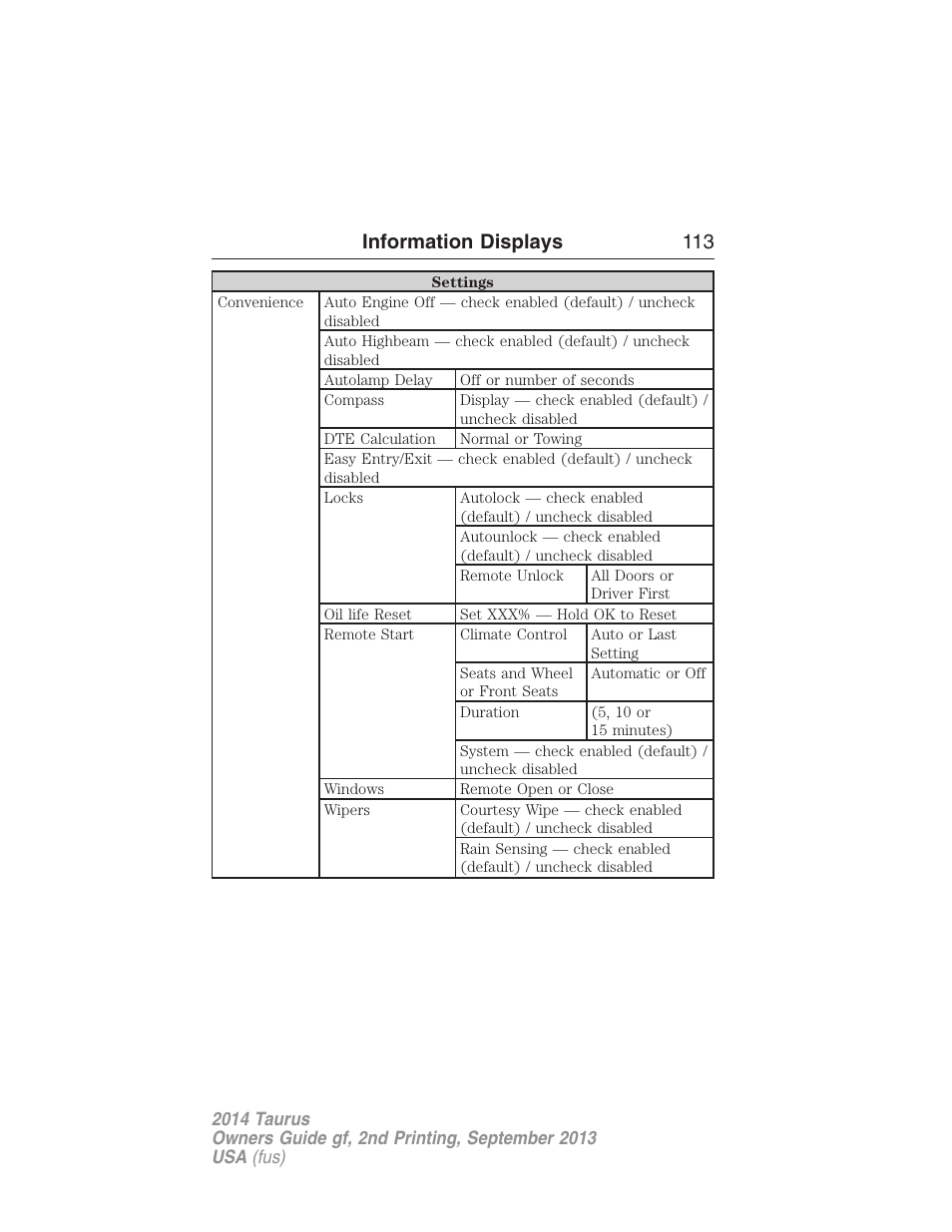 Information displays 113 | FORD 2014 Taurus v.2 User Manual | Page 114 / 554