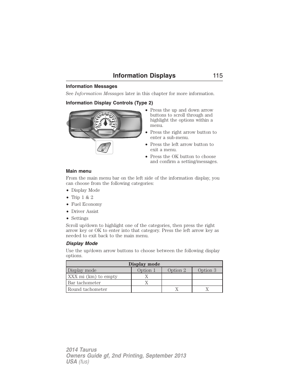 Information messages, Information display controls (type 2), Main menu | Display mode, Information displays 115 | FORD 2014 Taurus v.2 User Manual | Page 116 / 554