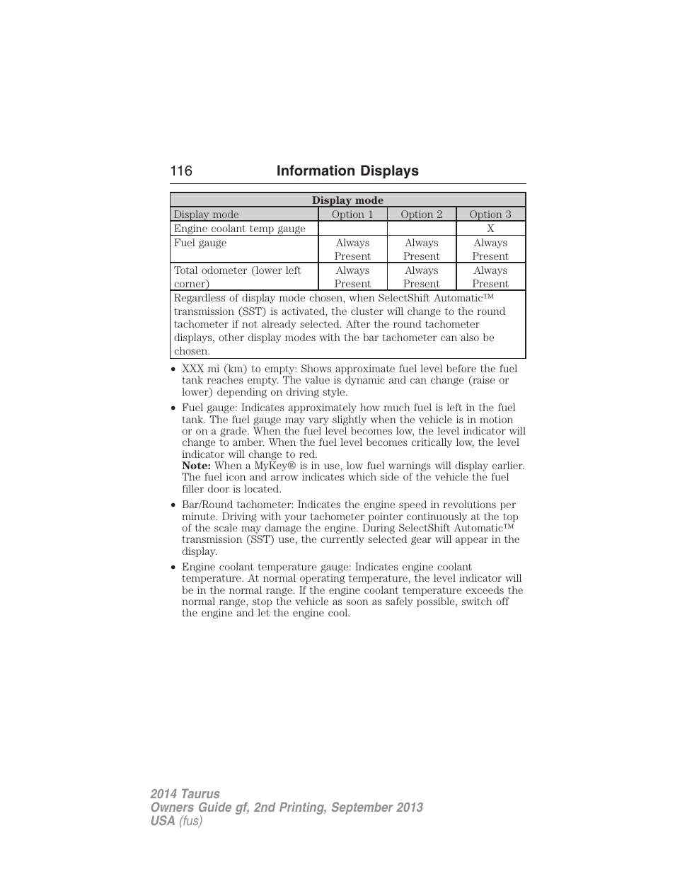 116 information displays | FORD 2014 Taurus v.2 User Manual | Page 117 / 554