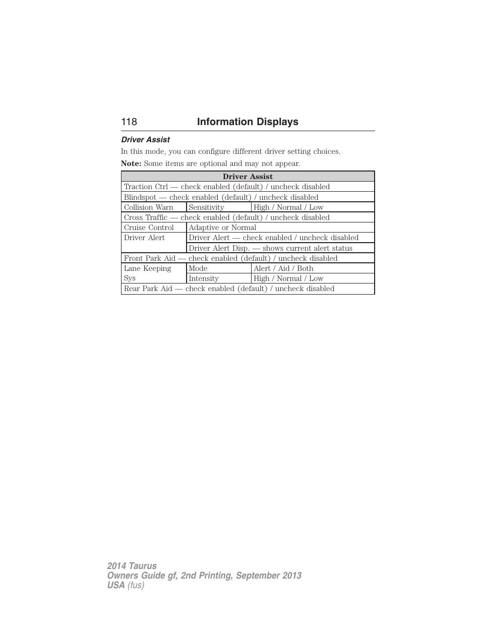 Driver assist, 118 information displays | FORD 2014 Taurus v.2 User Manual | Page 119 / 554