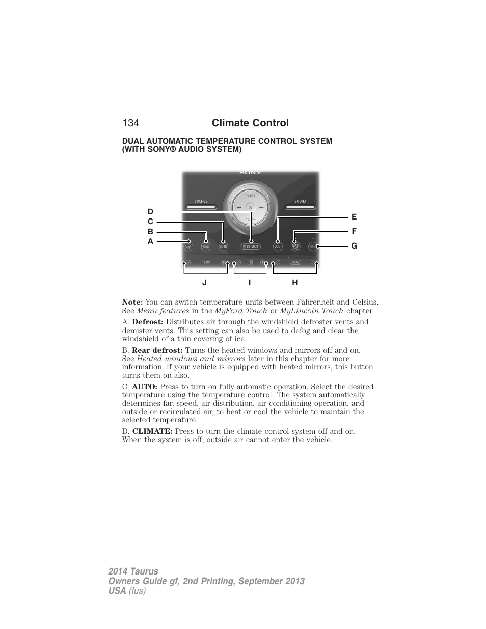 134 climate control | FORD 2014 Taurus v.2 User Manual | Page 135 / 554