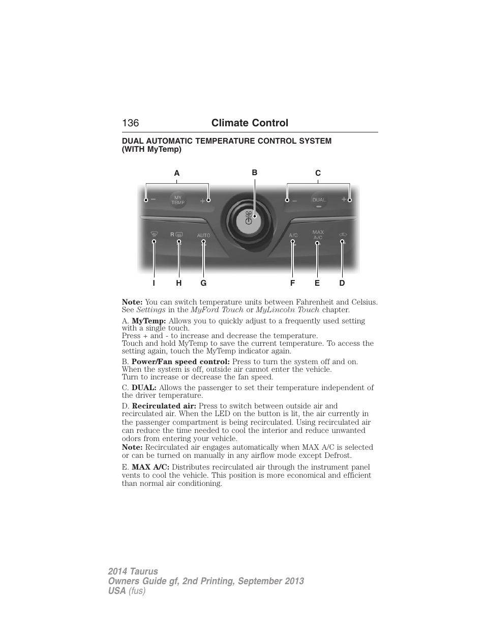 136 climate control | FORD 2014 Taurus v.2 User Manual | Page 137 / 554