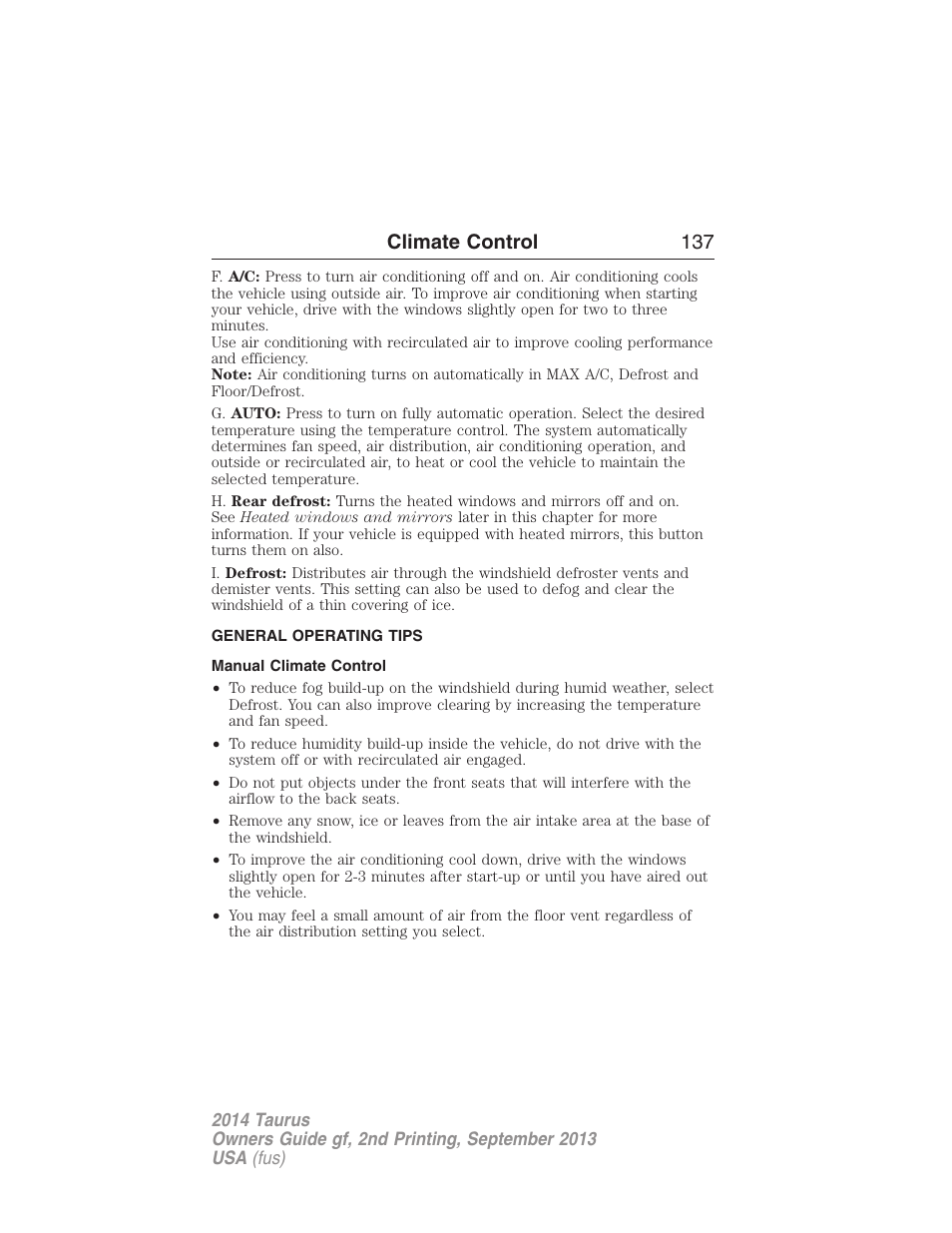 General operating tips, Manual climate control, Climate control 137 | FORD 2014 Taurus v.2 User Manual | Page 138 / 554