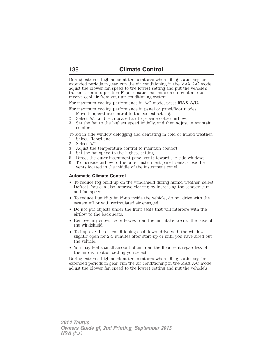 Automatic climate control, 138 climate control | FORD 2014 Taurus v.2 User Manual | Page 139 / 554