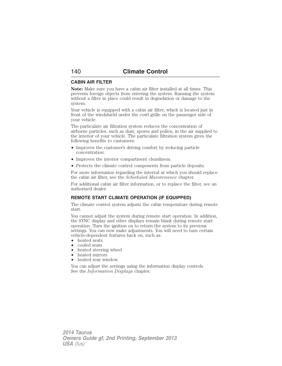Cabin air filter, Remote start climate operation (if equipped), 140 climate control | FORD 2014 Taurus v.2 User Manual | Page 141 / 554