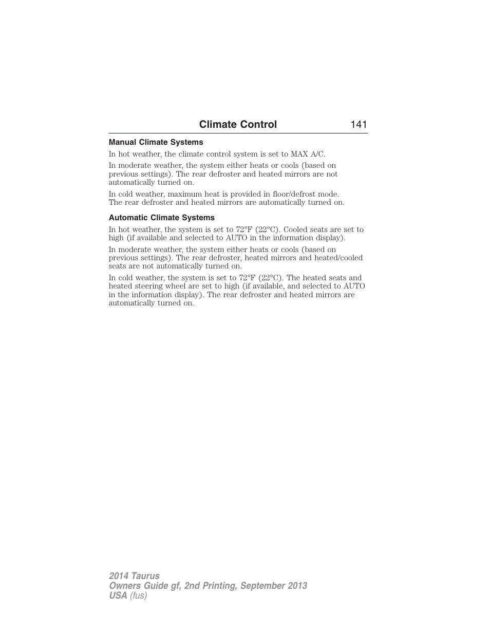 Manual climate systems, Automatic climate systems, Climate control 141 | FORD 2014 Taurus v.2 User Manual | Page 142 / 554