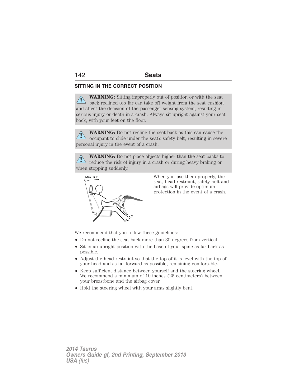 Seats, Sitting in the correct position, 142 seats | FORD 2014 Taurus v.2 User Manual | Page 143 / 554