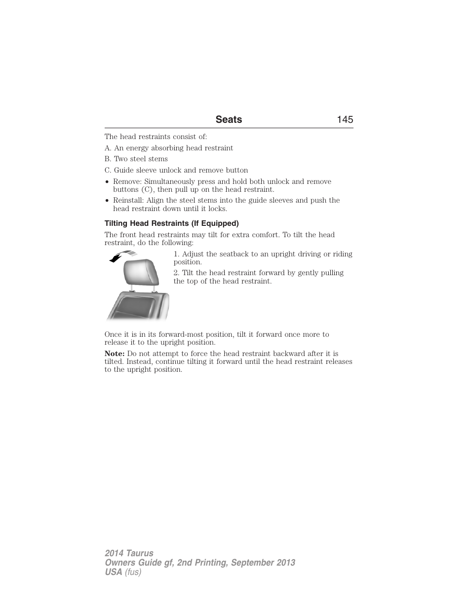 Tilting head restraints (if equipped), Seats 145 | FORD 2014 Taurus v.2 User Manual | Page 146 / 554