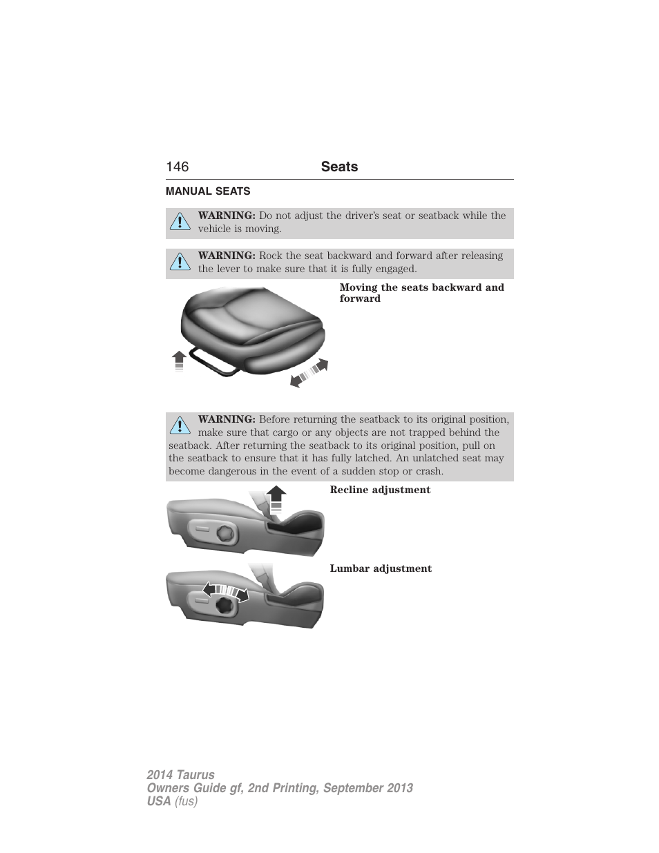 Manual seats, Power seats (if equipped), Front manual seats | 146 seats | FORD 2014 Taurus v.2 User Manual | Page 147 / 554