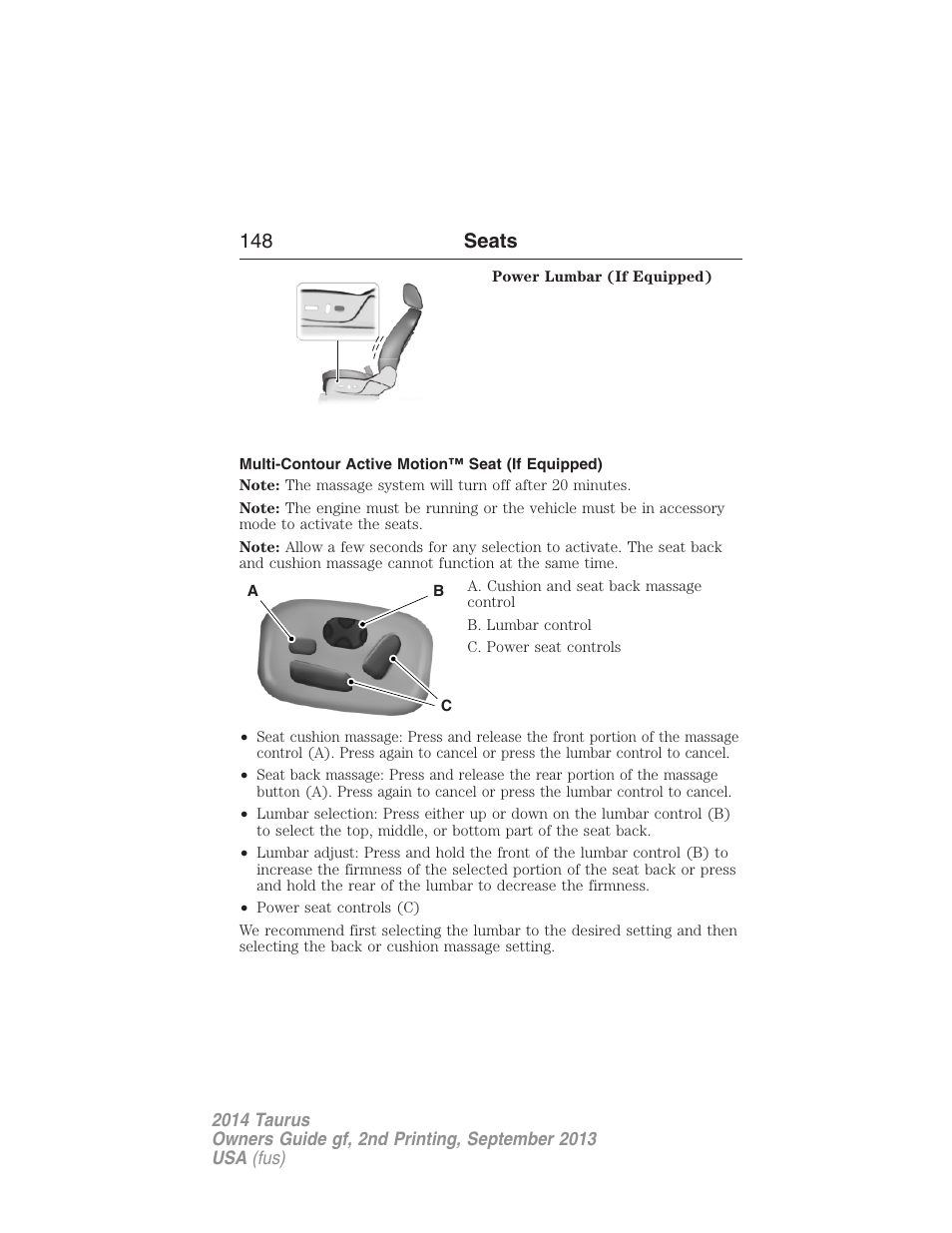 Multi-contour active motion™ seat (if equipped), 148 seats | FORD 2014 Taurus v.2 User Manual | Page 149 / 554