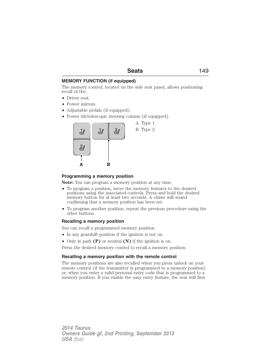 Memory function (if equipped), Programming a memory position, Recalling a memory position | Memory function, Seats 149 | FORD 2014 Taurus v.2 User Manual | Page 150 / 554