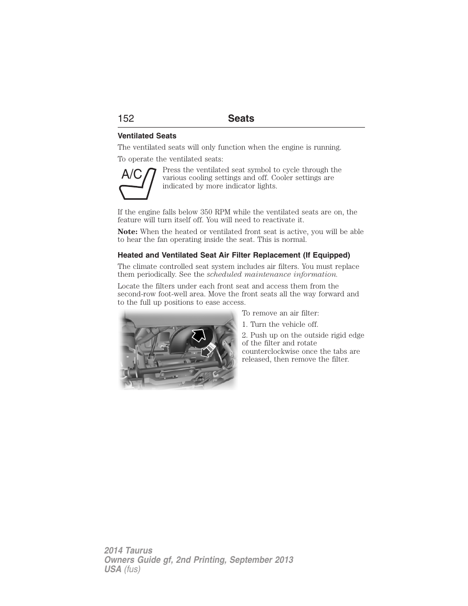Ventilated seats, 152 seats | FORD 2014 Taurus v.2 User Manual | Page 153 / 554