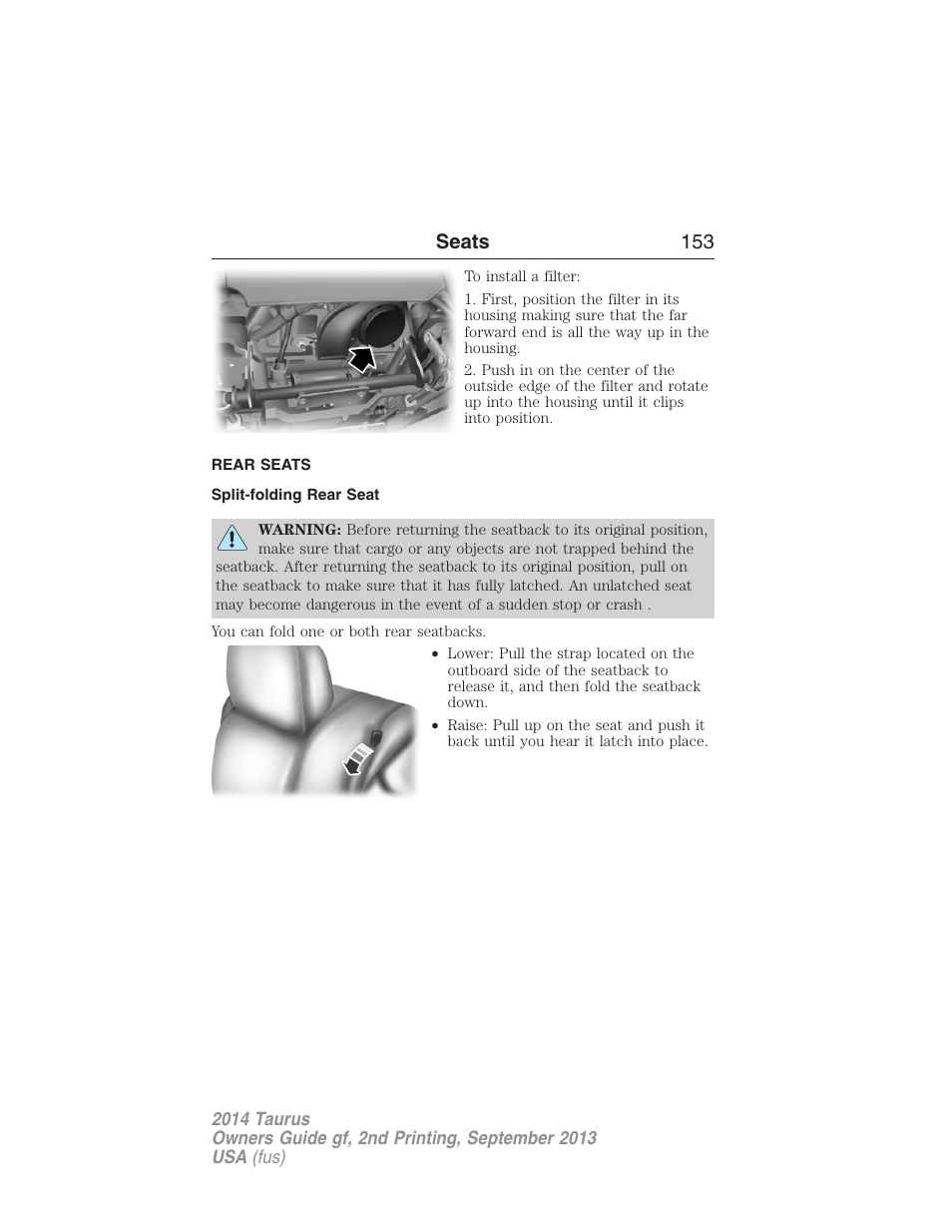 Rear seats, Split-folding rear seat, Seats 153 | FORD 2014 Taurus v.2 User Manual | Page 154 / 554