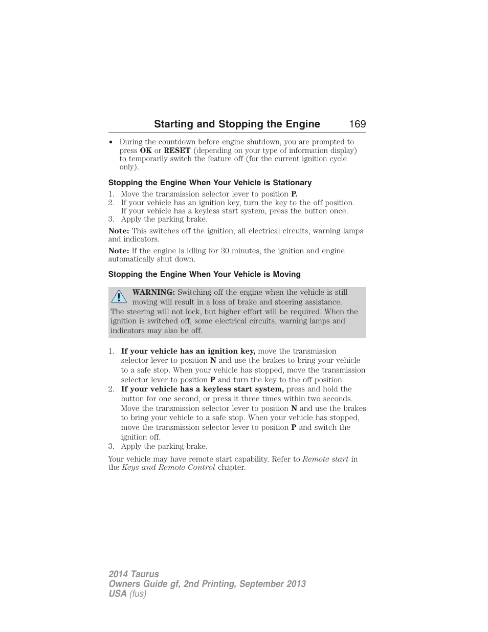 Stopping the engine when your vehicle is moving, Starting and stopping the engine 169 | FORD 2014 Taurus v.2 User Manual | Page 170 / 554