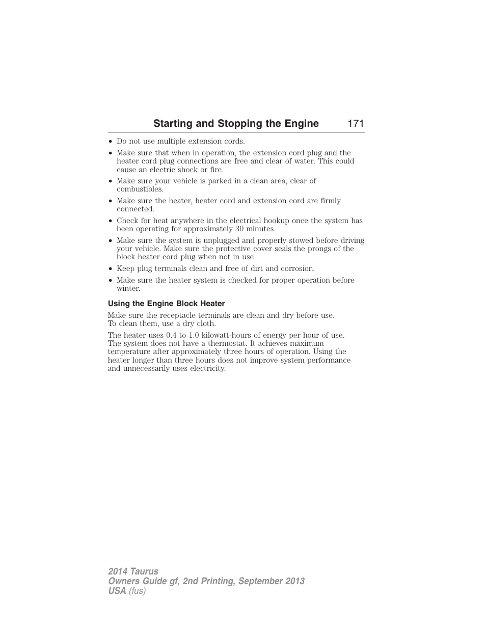 Using the engine block heater, Starting and stopping the engine 171 | FORD 2014 Taurus v.2 User Manual | Page 172 / 554