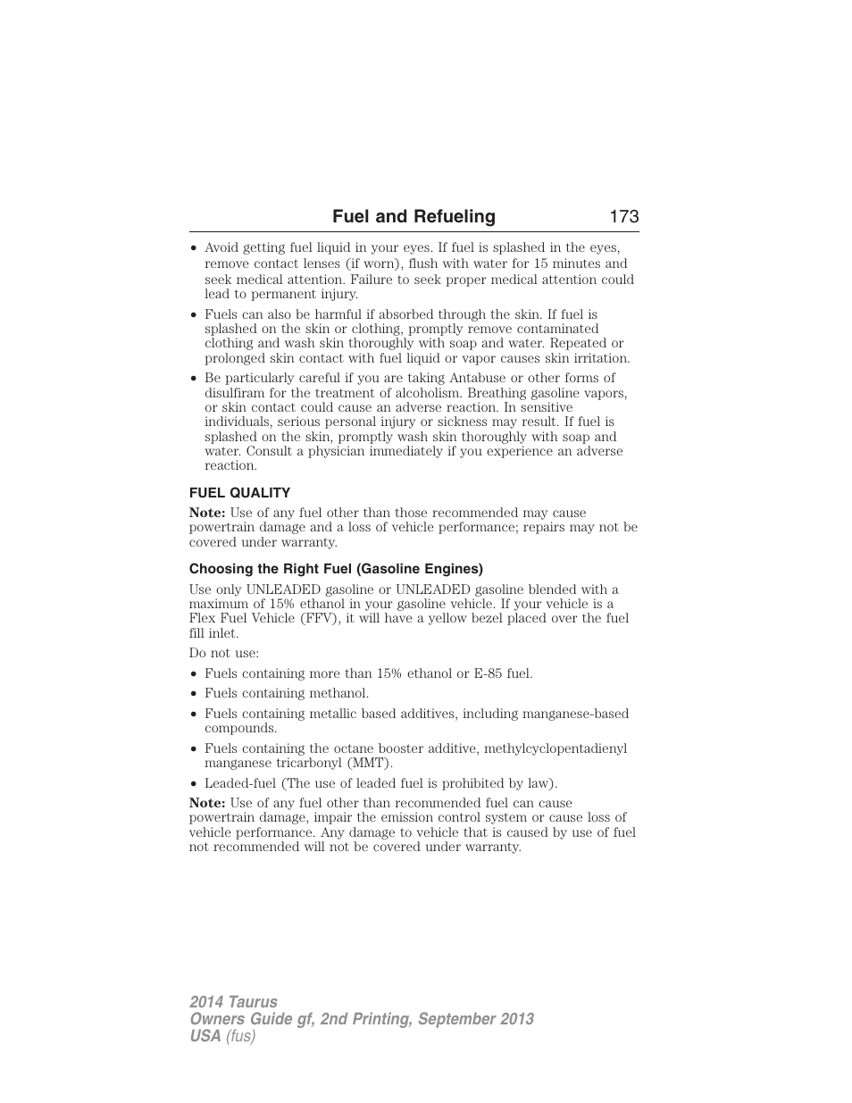 Fuel quality, Choosing the right fuel (gasoline engines), Fuel and refueling 173 | FORD 2014 Taurus v.2 User Manual | Page 174 / 554