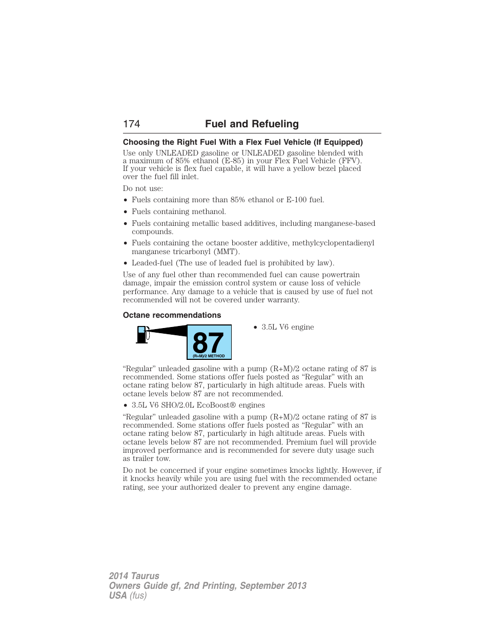 Octane recommendations | FORD 2014 Taurus v.2 User Manual | Page 175 / 554