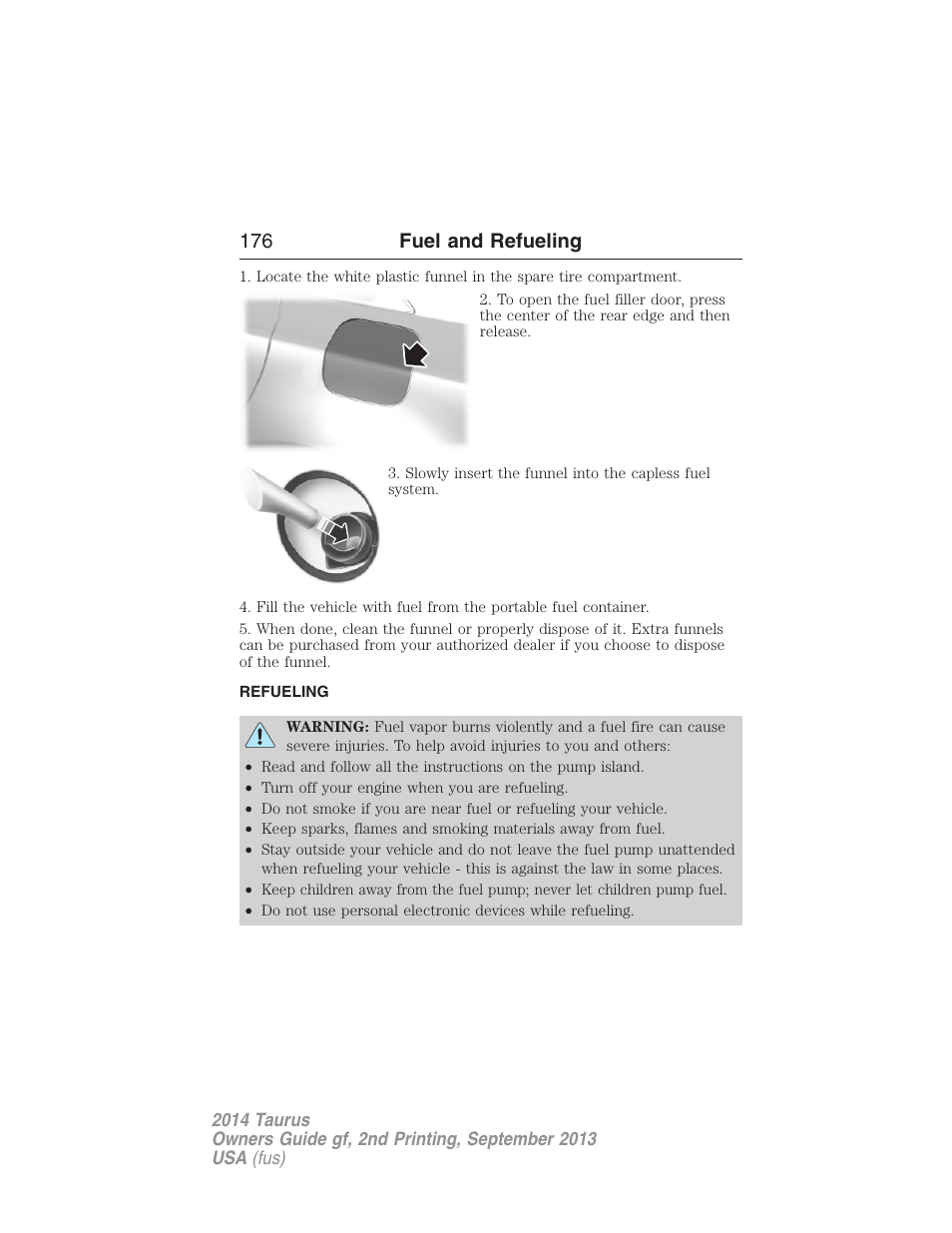 Refueling, 176 fuel and refueling | FORD 2014 Taurus v.2 User Manual | Page 177 / 554