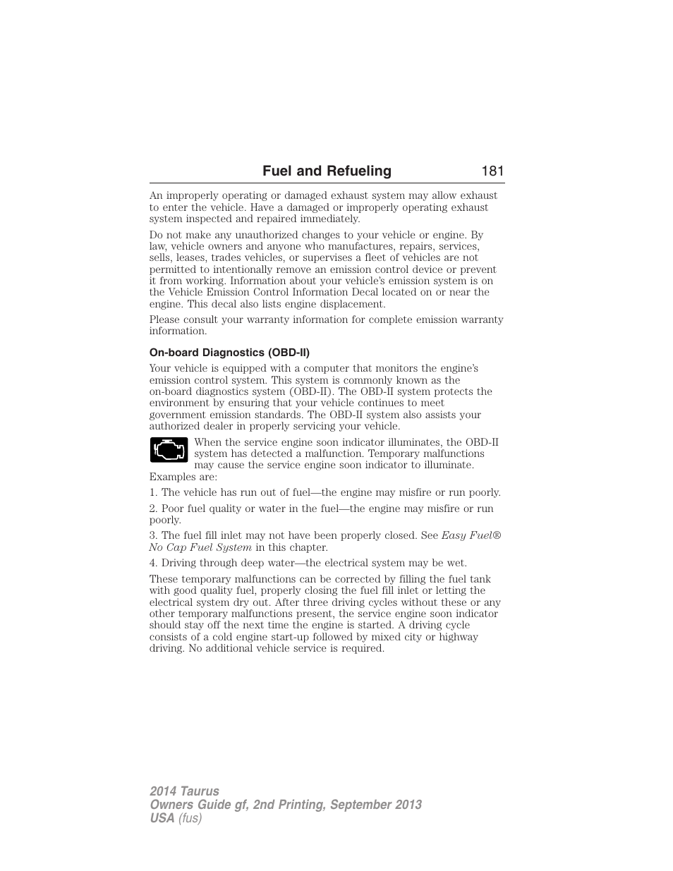 On-board diagnostics (obd-ii), Fuel and refueling 181 | FORD 2014 Taurus v.2 User Manual | Page 182 / 554