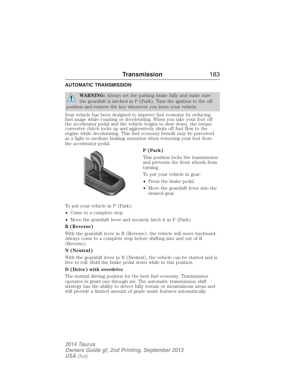 Transmission, Automatic transmission, Transmission 183 | FORD 2014 Taurus v.2 User Manual | Page 184 / 554
