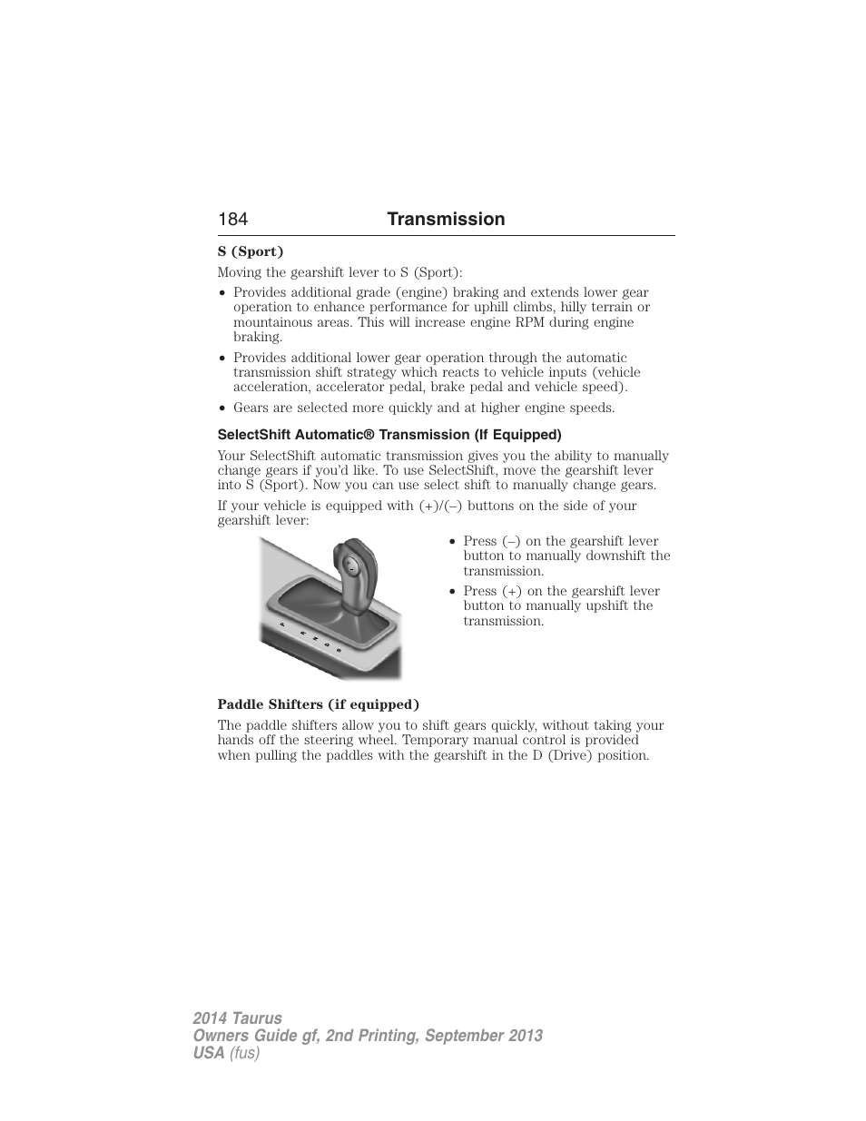 Selectshift automatic® transmission (if equipped), 184 transmission | FORD 2014 Taurus v.2 User Manual | Page 185 / 554