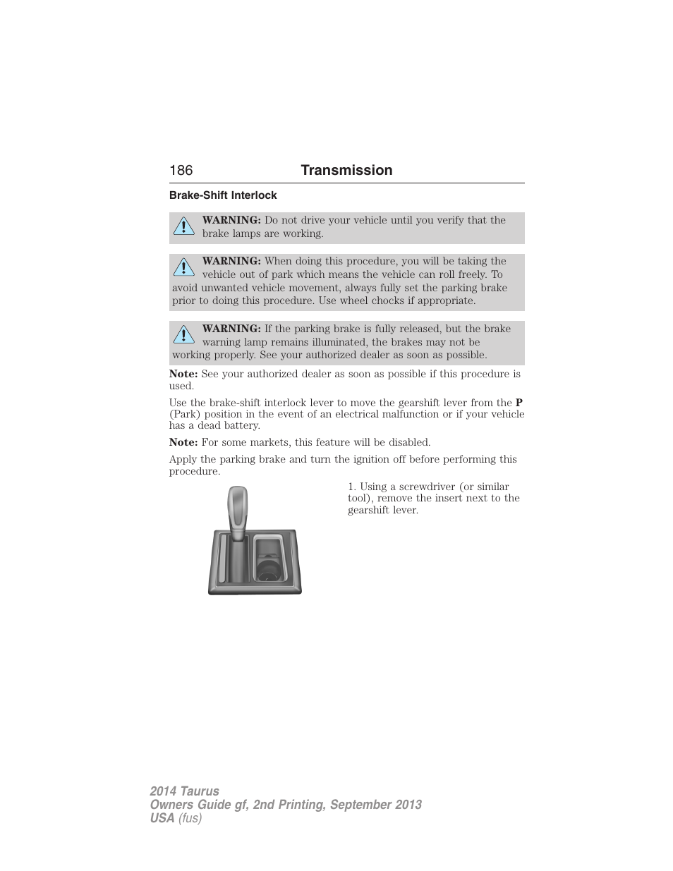 Brake-shift interlock, 186 transmission | FORD 2014 Taurus v.2 User Manual | Page 187 / 554