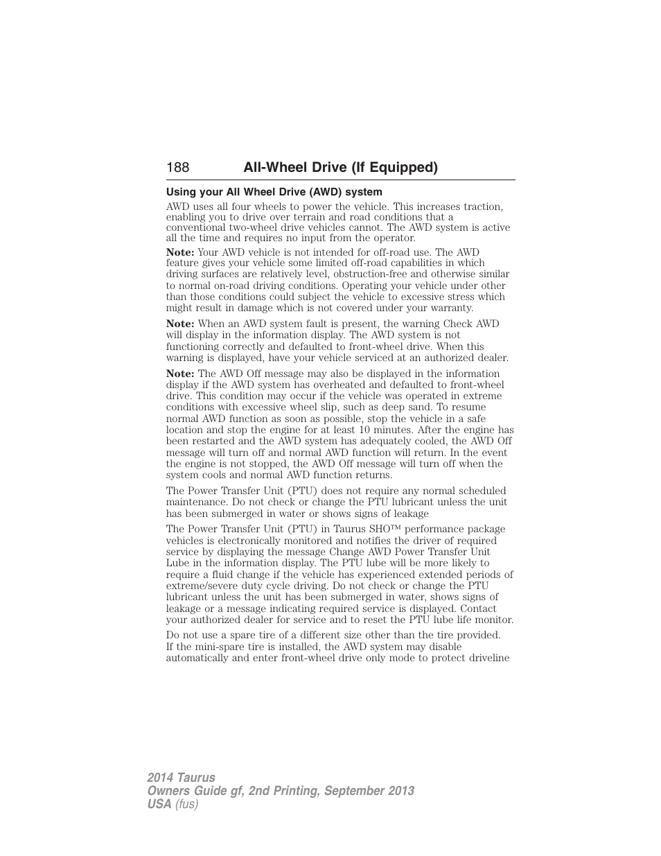 All-wheel drive (if equipped), Using your all wheel drive (awd) system, All wheel drive | 188 all-wheel drive (if equipped) | FORD 2014 Taurus v.2 User Manual | Page 189 / 554